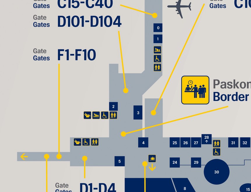 コペンハーゲン空港の公式マップに乗り継ぎ経路を重ねた図